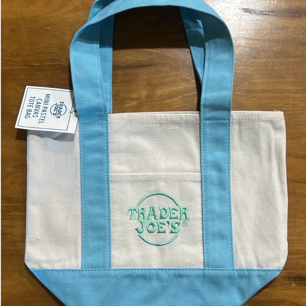 NWT Trader Joe's Mini Canvas Tote Bag in Light Blue Trim